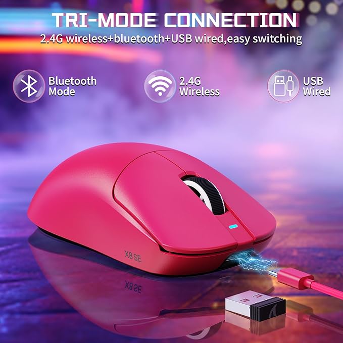 ATTACK SHARK X8SE Wireless Gaming Mouse,Adjustable 25K DPI PAW3311 Optical Sensor,Ergonomic 59g Lightweight,Triple Modes 2.4G/BT/USB-C Wired,500mAH Battery,5 Programmable Buttons for PC/Mac-Red