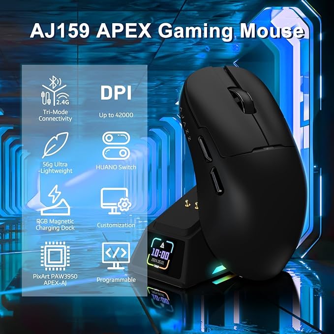 A.JAZZ AJ159APEX 8Khz Wireless Gaming Mouse Ultralight 56g with Magnetic Screen Charging Dock 42000DPI PAW3950 Sensor Tri Mode BT/2.4Ghz/Type-c Wired Programmable for Esport FPS PC Mac Gamer(Black)