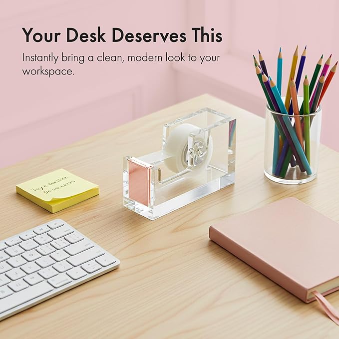 OfficeGoods Acrylic Tape Dispenser – Modern Desk Organizer for Office Supplies, Heavy Duty Refillable Tape Holder for Home and School Crafting, Stylish Desktop Accessory for Gift Wrapping, Rose Gold