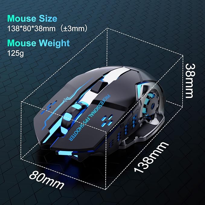 New 2.4G Wireless Rechargeable Gaming Mouse Silent Click with 6 Buttons, 3 Adjustable Levels DPI, Colorful LED Lights for Laptop, iPad, MacOS, PC, Windows, Android (Black)