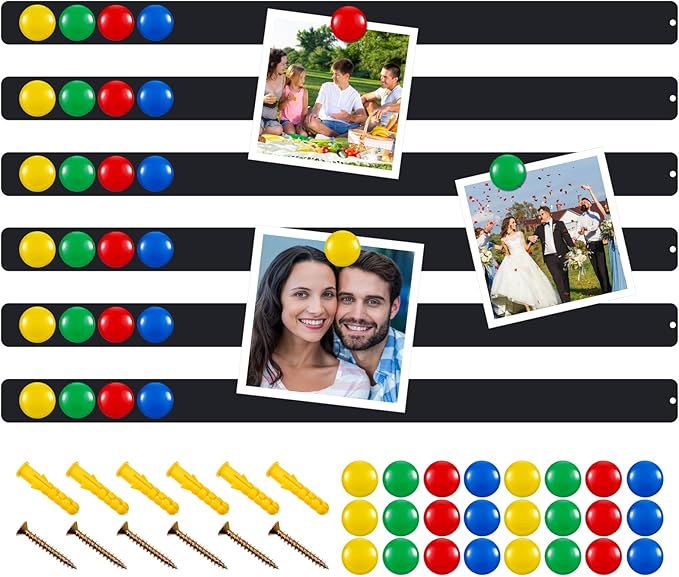 Mooliwe 6 Pieces 36 Inch Frameless Magnetic Stainless Iron Board Strips Bulletin Bar Magnetic Wall Board Memo Strip Set with 48 Pieces Colorful Magnets for School Office Home (Black)