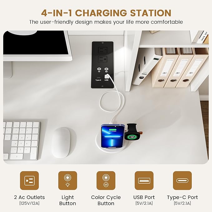 Lvifur LED Study Desk - with Hutch & Storage Cabinet,Home Office Desk with Outlet and 3 Color LED and Card-Based Lock,Writing Desk Computer Desks for Studyroom,Ideal for Office Set,White