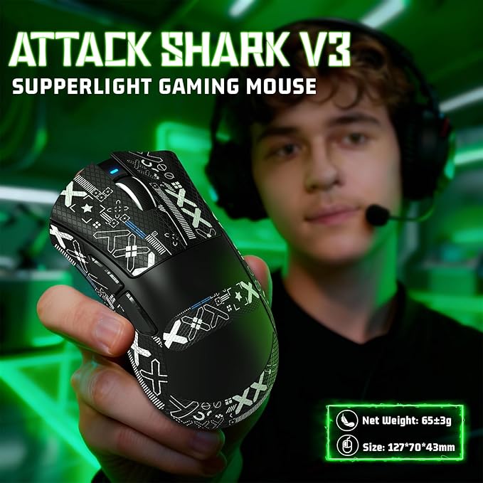 ATTACK SHARK V3 Ultra-Light Wireless Gaming Mouse,PAW3311 Sensor, 500mAh, 62g, 25KDPI 2.4G/BT/USB-C Rechargeable Wireless Mouse with 5 Programmable Buttons for Laptop,PC,Mac Gamer (Black Griptap)