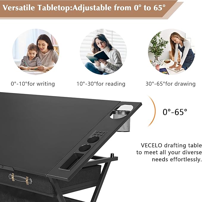VECELO Drafting Table Art Desk Art Table Adjustable Drawing Table Tilted Tabletop with 2 Storage Drawers and Stool, Drawing Desk for Artist Painters Drawing, Crafting, Reading, Writing, Black
