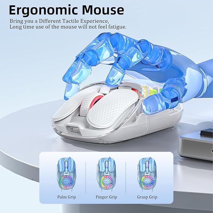 Wireless Bluetooth Mouse, Transparent BT+2.4G Dual-Mode Gaming Mouse with Magnetic Top Cover, Rechargeable RGB Backlit Computer Mouse for Laptop, PC, MacBook, iPad (Blue)