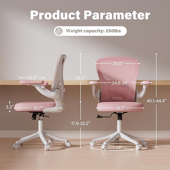 GYI Office Chair Ergonomic, Computer Desk Chair with Mesh Back, Adjustable Lumbar Support, 3D Flip-up Arms, Wheels, Pink