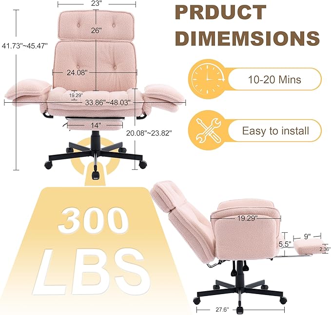 Criss Cross Chair with Wheels, Extra Wide Cross Legged Office Chair with Flip-Up Armrests & Footrest, Ergonomic Teddy Fleece Swivel Desk Chair with Adjustable Headrest for Home Office & Vanity Pink