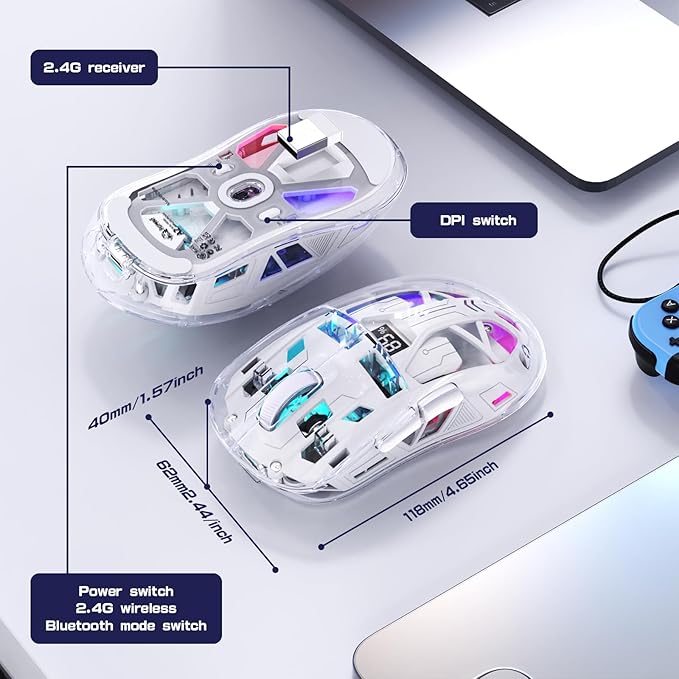 FREEWOLF A2 Transparent Wireless Gaming Mouse,Dual Mode BT 5.0/2.4G PC Gaming Mice,PixArt 3212 5 Adjustable DPI,Rechargeable Silent Mouse with Digital Screen,RGB Backlight Mouse for Win/Mac(White)