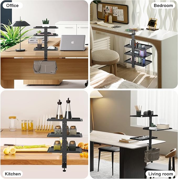 3 Tier Clamp On Desk Shelf with Adjustable Metal Storage Tray & Headphone Stand Over or Under Table Storage No Drilling Desk Extension Shelving Unit Desktop Shelves for 2.5in Max Desk Thick
