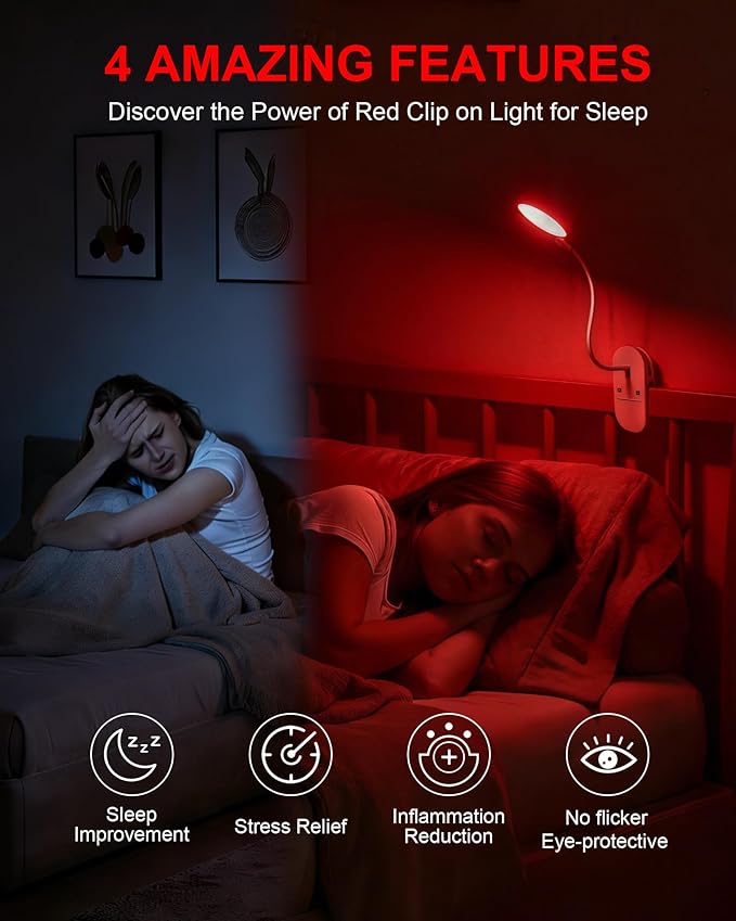 SZOKLED Red Light Reading Lights for Books in Bed, Clip on Lamp with Timer & Dimmable, Rechargeable Eye Care Night Light for Bedroom, Desk, Laptop, Headboard
