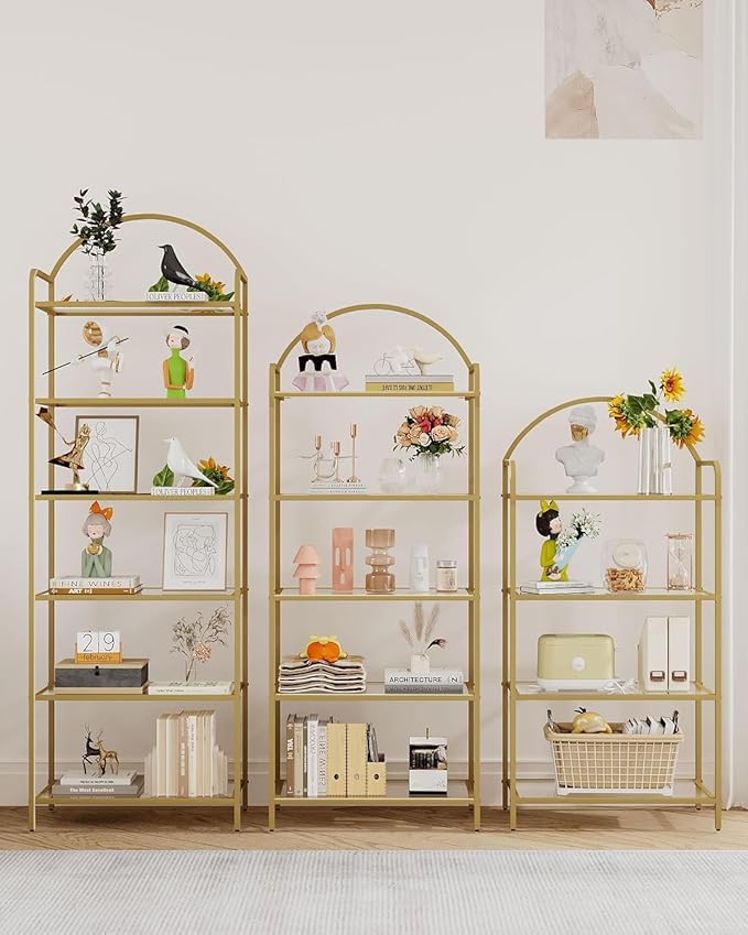 Hzuaneri Bookcase Bookshelf, Tempered Glass Bookshelves, Slim Shelving Unit for Bedroom, Bathroom, Home Office, Steel Frame, 6 Tier Gold BC21699G