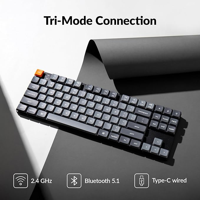 Keychron K1 Max Ultra-Slim QMK/VIA Bluetooth Wireless/USB Wired Custom Mechanical Keyboard, 2.4 GHz Hot Swappable TKL Layout RGB Backlight Ergonomic Keyboard with Low-Profile Gateron Red Switch