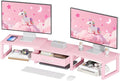 Desk Organizers and Accessories, Dual Monitor Stand Riser with Drawer, Computer Monitor Stand, Adjustable Desk Shelf for PC Laptop Printer TV, Pink