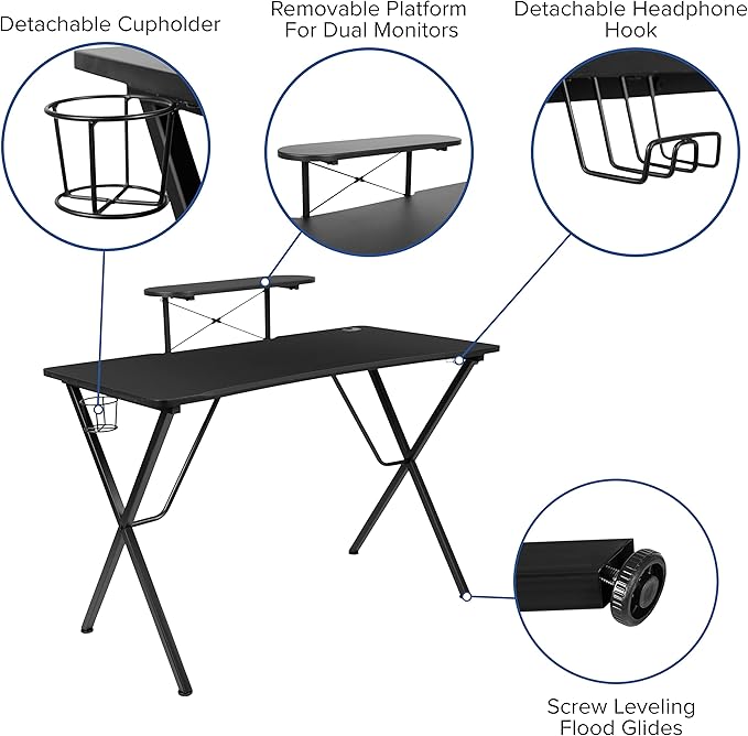 EMMA + OLIVER Black/Blue Gaming Desk Set with Headphone Hook, and Monitor Stand