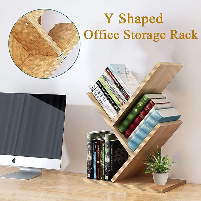 VOVCIG Tree Bookshelf 3 Shelf Desktop Organizer Y Shaped Office Storage Rack Adjustable Wood Display Shelf Small Bookshelf for Bedroom Home Office(Light Yellow)
