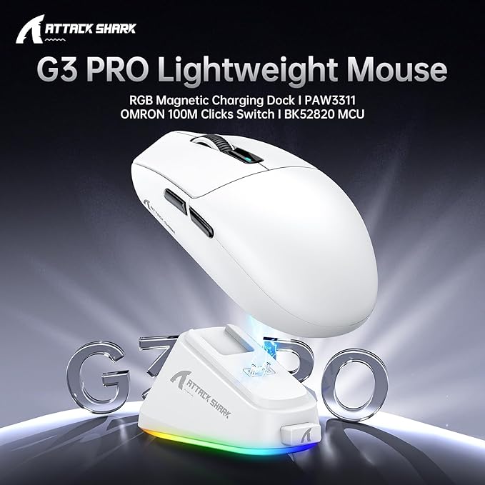 ATTACK SHARK G3 Pro Wireless Gaming Mouse with Magnetic Charging Dock,PixArt PAW3311 Gaming Sensor,BT/2.4G Wireless/Wired Gaming Mouse,25000 DPI,59g Superlight Gamer Mice for PC/Win/PS/Mac(White)