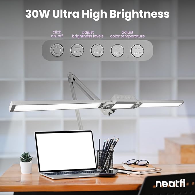 Neatfi LED Desk Lamp | 3,000 Lumens | Dimmable 30W Desk Light | 360 SMD LEDs | CRI 95 | Adjustable Color Temperature | Task Lamp for Home, Office, or Workbench (Silver, 41-Inch, CCT with Clamp)