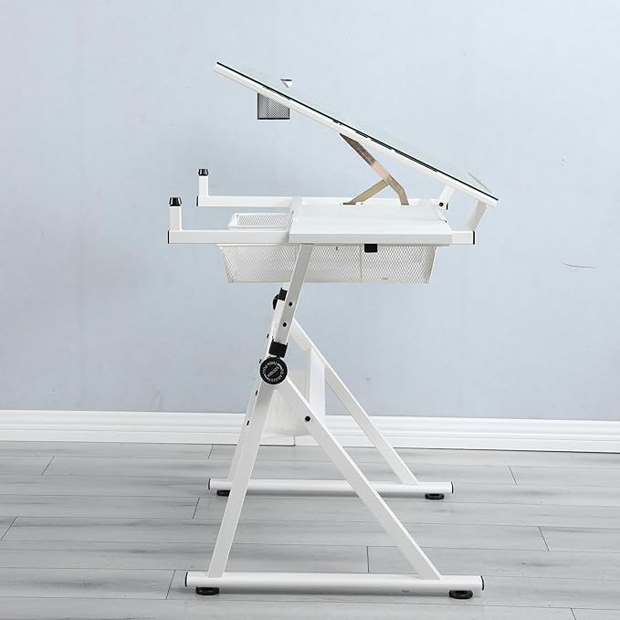 Adjustable Drawing Table for Artists | Drafting Desk with Tilted Glass Top | Art & Craft Table for Adults (White, Classic Pro-27.16''- 35.82'' H)