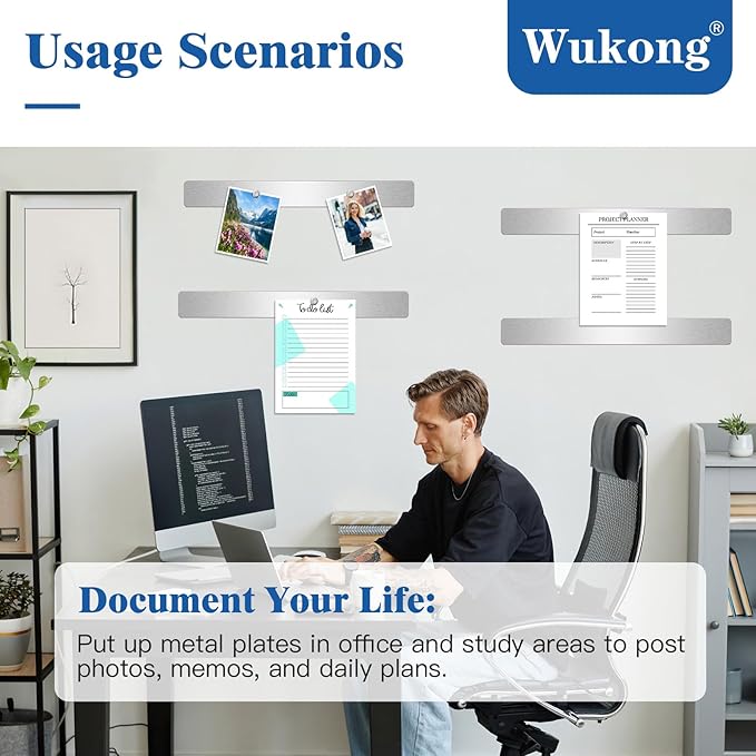 Wukong 5 Pack | 30x4cm (11.81 x 1.57) Magnetic Stainless Silver Board Strips, Adhesive Backing Bulletin Bar, Memo Strip with 30pcs 5x3mm Magnets for Office, Home, Photo Wall, Documents