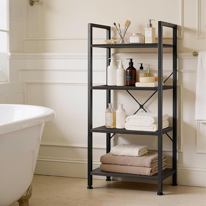 4 Tier Bookshelf, Free Standing Wooden Bookcase with Open Storage Shelves with Metal Frame, Sturdy Shelf Organization Display Rack for Living Room, Bedroom, Home Office, 39.4" Tall, Black