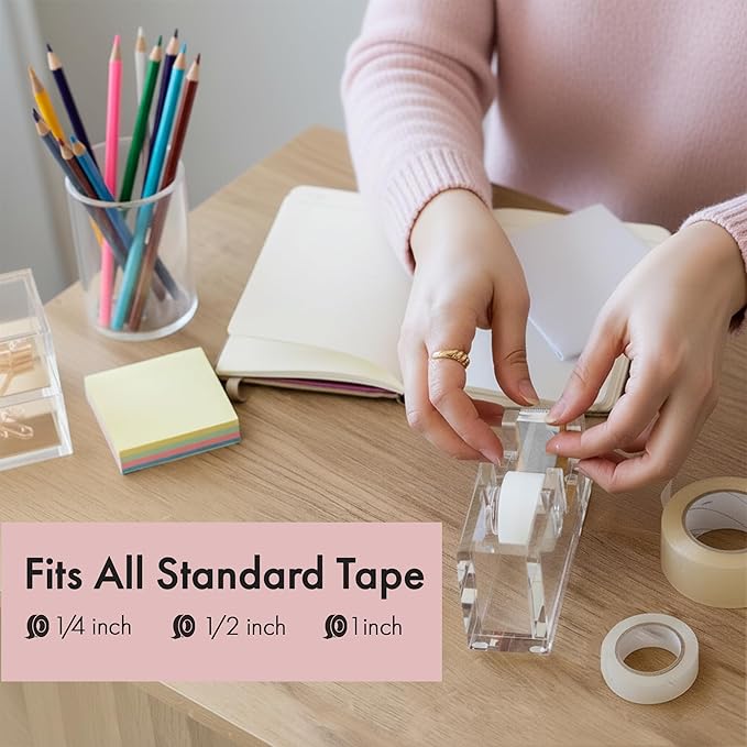 OfficeGoods Acrylic Tape Dispenser – Modern Desk Organizer for Office Supplies, Heavy Duty Refillable Tape Holder for Home and School Crafting, Stylish Desktop Accessory for Gift Wrapping, Silver