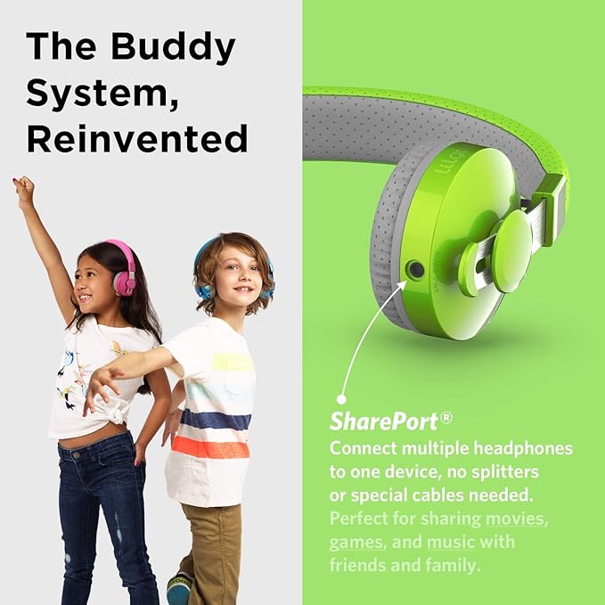 LilGadgets Kids Headphones with Microphone - Green, Ages 4+, On-Ear - Bluetooth Headphones for Kids - Volume-Limited 93dB & SharePort Audio Sharing - SoftTouch Ear Cushions