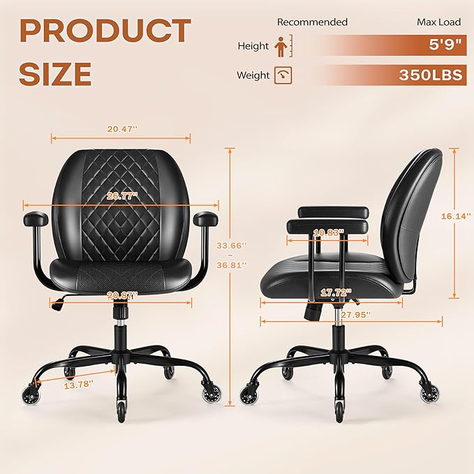 Furmax Ergonomic Home Office Chair Executive Leather Mid Back Desk Chair, Adjustable 360° Swivel Task Chair for Conference Room Study (Black)