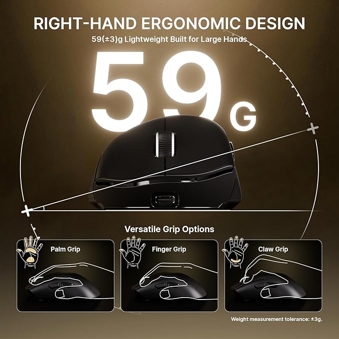ATTACK SHARK V8 8K Wireless Gaming Mouse Whit 42000 DPI-PAW3950 MAX Sensor-59g Lightweight-Nordic54L15 MCU-400h Battery Life, Triple Modes,Gaming Accessories for PC/Laptop/Mac (Black Griptap)