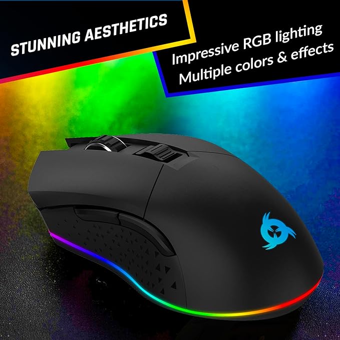 KLIM Blaze Rechargeable Wireless Gaming Mouse RGB Precision Sensor and Long-Lasting Battery - 7 Customizable Buttons - Up to 6000 DPI - Wired & Wireless Mouse for PC Mac & PS4 PS5 - Black