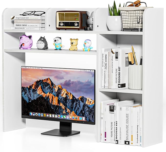 YGYQZ Desktop Bookshelf, White Desk Hutch with 6 Shelves for Computer Desk, Multipurpose Wood Desk Shelf Storage Organizer for Dorm Office Home