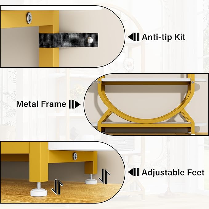 Jehiatek Arched Bookshelf Bookcase, 71 Inches Tall Industrial Book Shelf with Sturdy Metal Frame, E1 Quality Boards, Freestanding Display Shelving Unit, Gold