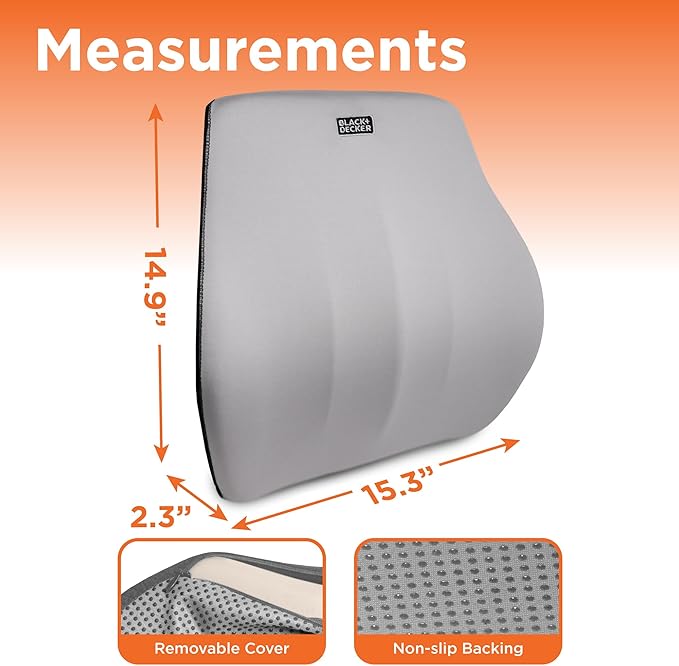 BLACK+DECKER Memory Foam Lumbar Support Pillow, Lumbar Cushion for Office, Car, Wheelchair & Airplane – Adjustable Strap, Full Back Pain Relief, Washable Cover, Grey/Blue