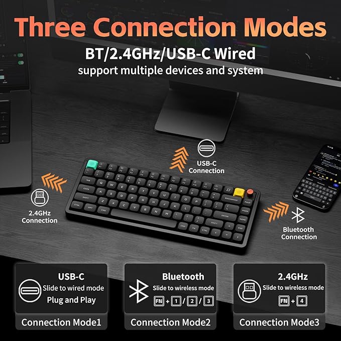 nuphy Air75 V3 Hot Swappable Wireless Mechanical Keyboard, 84 Keys 75% Custom Low Profile Keyboard with Knob, RGB Backlit, Gasket Mounted, Support Bluetooth/2.4GHz/USB-C,Black-Blush Nano