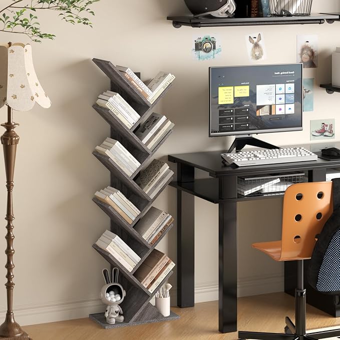 SHEEPAM 10 Tier Tree Book Shelf, Floor Standing Wood Bookshelf for Narrow Space, Storage Organizer Bookshelves for Books/CDs/Magazine, Bookcase with Shelves for Home Office, Living Room - Light Grey