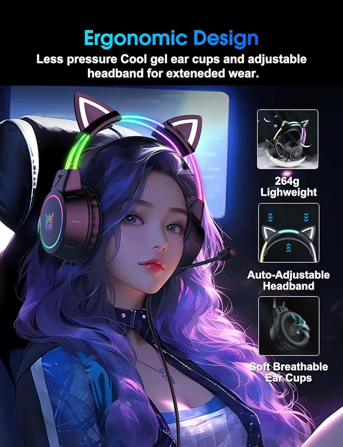 Lightweight Gaming Headset with Detachable Cat Ears, RGB Lighting, Wired Over Ear Headphones with Mic for PC, PS4, PS5, Switch, Stereo Surround Sound, Self-Adjusting Headband
