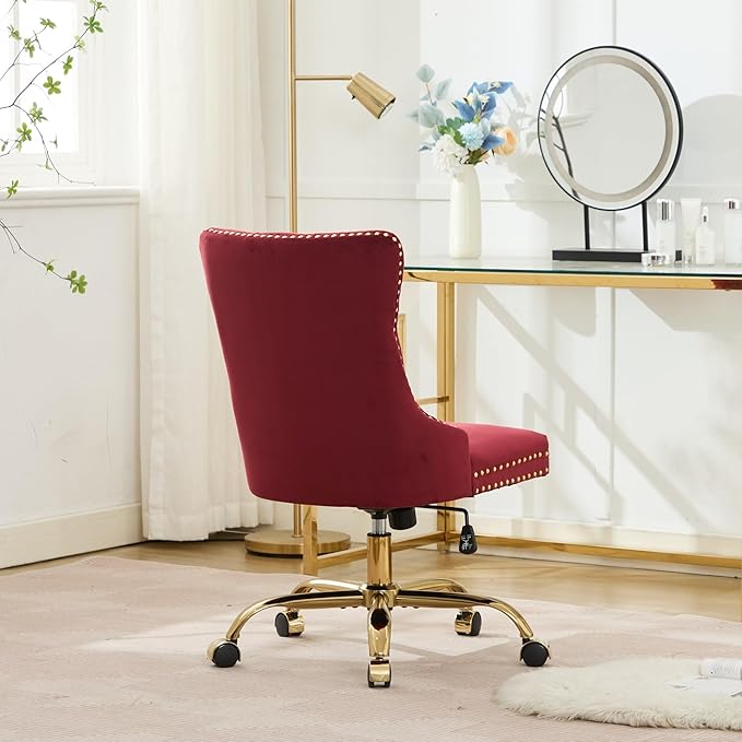 Goujxcy Desk Chair, Modern Velvet Upholstered Tufted Button Home Office Chair, 360° Swivel Armless Desk Chairs, 120°Rocking Ergonomic Computer Task Vanity Chairs, Wine Red