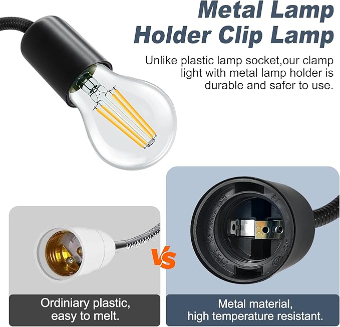 E26/E27 Clip-On Bulb Holder With 7.2Ft Switch Cable - Flexible Desk Lamp With Metal Clip, 9MM&35CM Thickened Lengthened Gooseneck Clamp Light Socket for Bedside Table