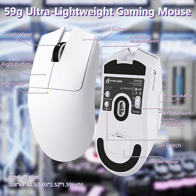 MAMBASNAKE Attack Shark X11SE Lightweight Wireless Gaming Mouse, Tri-Mode 2.4G/USB-C Wired/BT, 22K DPI, PAW3311 Optical Sensor, 59g, 5 Programmable Buttons, 300mAh Battery for PC/Mac(White)