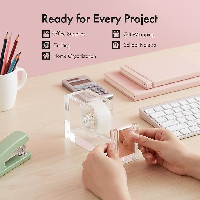 OfficeGoods Acrylic Tape Dispenser – Modern Desk Organizer for Office Supplies, Heavy Duty Refillable Tape Holder for Home and School Crafting, Stylish Desktop Accessory for Gift Wrapping, Rose Gold
