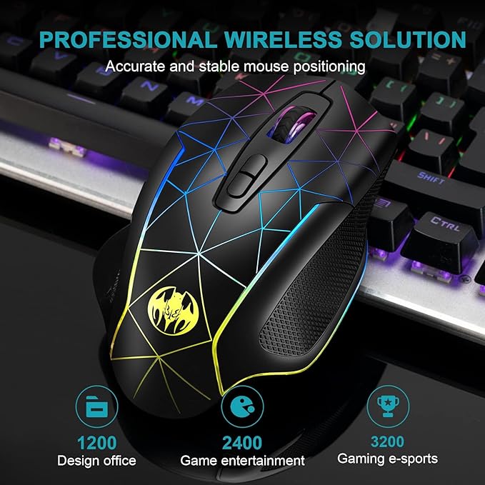 VEGCOO Wireless Gaming Mouse, Rechargeable Mice 3 Level DPI With Colorful Led Lights, Silent 7 Buttons Gaming Wireless Mouse With Side Buttons & Thumb Rest, Computer Gamer Mouse PC/Mac, Laptop/Desktop