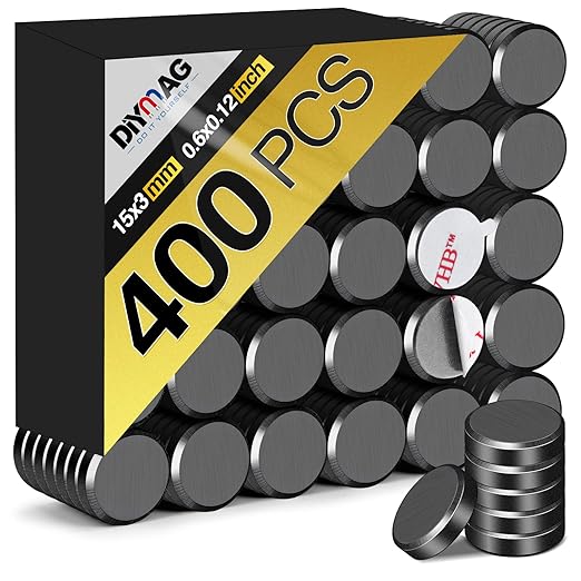 DIYMAG Strong Magnetic Adhesive Dots 400Pcs 0.6x0.12Inch Fridge Refrigerator Magnet for Crafts Whiteboard with Adhesives Backing Magnetic Small Black Button Ceramic Circle Round Heavy Duty