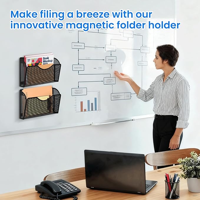 Magnetic File Holder, Magnetic File Folder Holder, No Drilling Installation, Magnetic Mail Holder File Organizer for Whiteboard,Office,Refrigerator,File Cabinets,Classroom