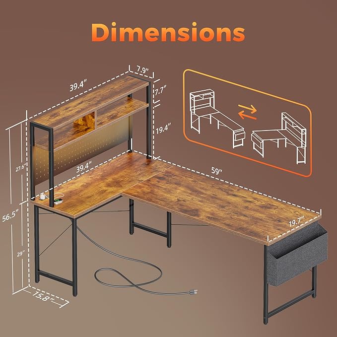Mericonia 59 inch Large L Shaped Desk with Pegboard Hutch & Shelves, Corner Gaming Desk with Power Outlet, LED Light & Storage Bag, Reversible Computer Desk for Home, Bedroom, Office Workspace, Brown