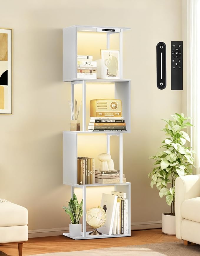5 Tier S-Shaped Geometric Bookshelf with LED Light, 3 Color Temperatures, Touch & Remote Control, Dimmable Standing Bookcase, Small Display Shelf for Living Room, Bedroom, Office(White)