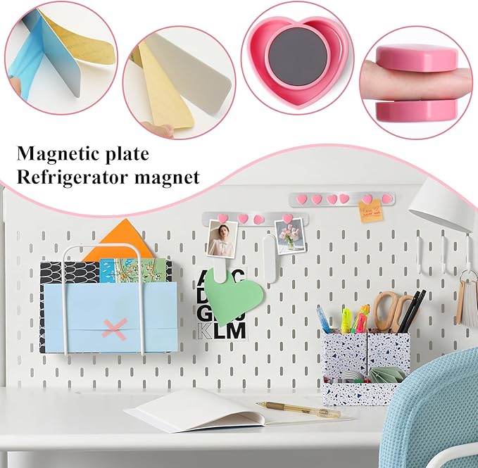 Magnetic Board Strips - 2Pcs Stainless Iron Magnetic Strips with Adhesive Backing & 10 Pink Heart Magnets, Frameless Small Bulletin Board for Wall, DIY Memo Board for Home Kitchen School Office