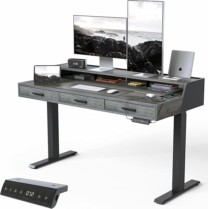 CubiCubi Standing Desk 55x26 Inches with 3 Wood Drawers and Monitor Shelf, Ergonomic Rising Home Office Desks, Height Adjustable Computer Desk, Sit Stand Up Electric Workstation Table, Antique Grey
