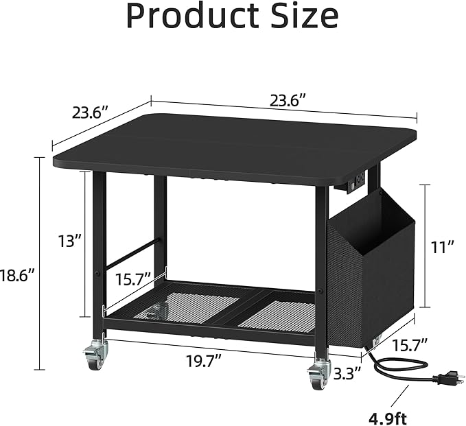 YAOHUOO 23.6"×23.6" Large Priner Stand with Power Outlet, Printer Table with Storage Side Pocket, Heavy Duty Rolling Cart for Home Office 3D Printer/Laser/Heat Press Table, Black