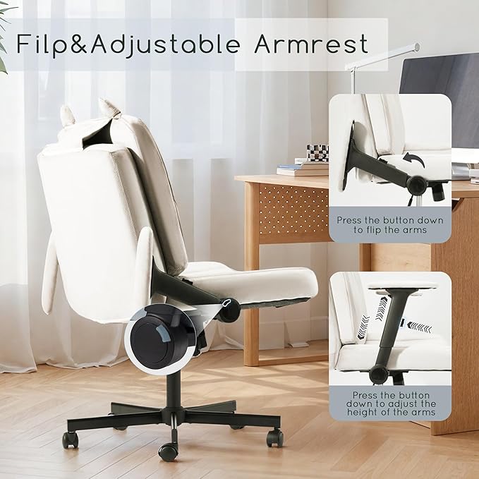 HOMREST Criss Cross Chair with Arms and Castors, Plus Size Cross Legged Office Chair with Extra Wide Seat&Flexible Back Cushion, Cute Comfy Desk Chairs for Home Office, Vanity, Gaming,Reading(Beige)