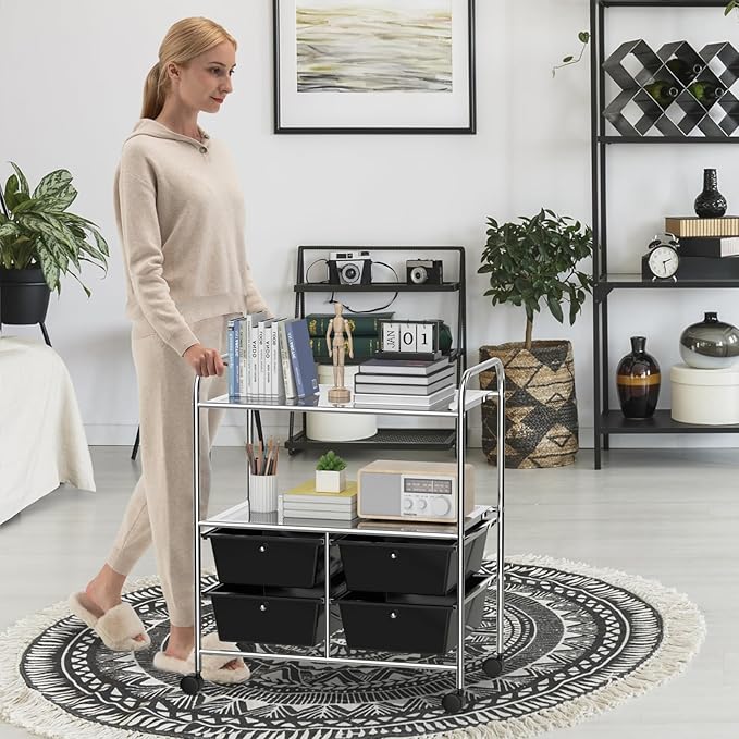 Moccha Rolling Storage Cart with 4 Drawers - Storage Drawers Organizer with wheels for Craft Art Supply Paper Salon, Scrapbook Paper Tools, Movable Utility Cart for Classroom School Studio, Black