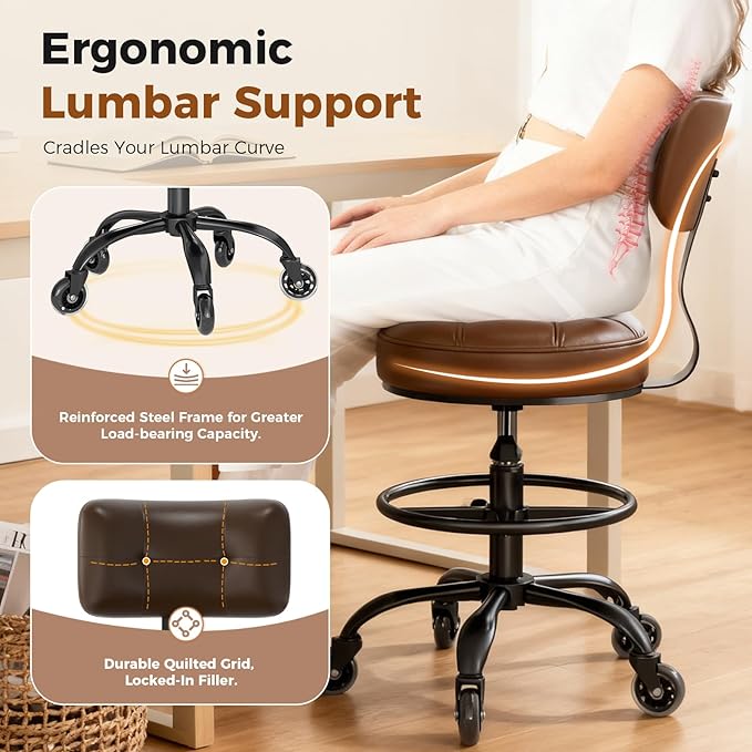 Office Drafting Chair with Footrest, Tall Height Adjustable Stool with Back Support, Heavy Duty Rolling Stool Chair with Wheels for Office Home Kitchen Bar Shop Guitar Studio Medical Vanity(Brown)